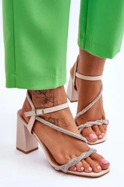 Skórzane Sandały Z Cyrkoniami Na Obcasie Beżowe Carlotta
