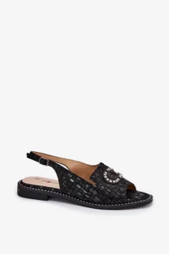 Skórzane Sandały Z Ozdobą Na Płaskim Obcasie S.Barski KV51-096 Czarne