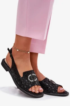 Skórzane Sandały Z Ozdobą Na Płaskim Obcasie S.Barski KV51-096 Czarne