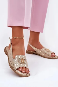 Skórzane Sandały Z Ozdobą Na Płaskim Obcasie S.Barski KV51-096 Złote