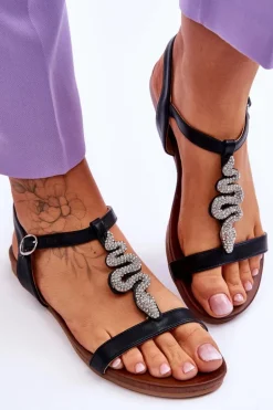 Skórzane Sandały Z Ozdobnym Wężem S.Barski KV-5541-42 Czarne