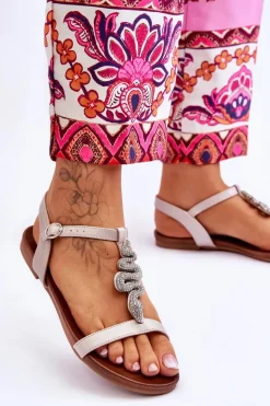 Skórzane Sandały Z Ozdobnym Wężem S.Barski KV-5541-42 Beżowe