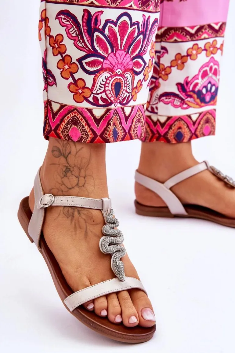 Skórzane Sandały Z Ozdobnym Wężem S.Barski KV-5541-42 Beżowe