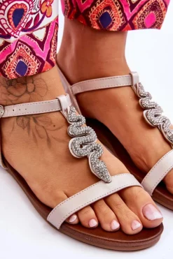 Skórzane Sandały Z Ozdobnym Wężem S.Barski KV-5541-42 Beżowe