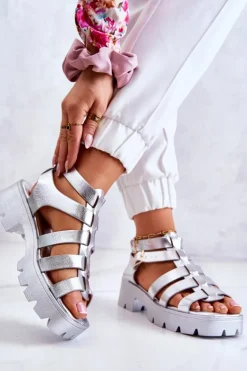 Skórzane Sandały Z Paseczkami Srebrne Minorite