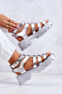 Skórzane Sandały Z Paseczkami Srebrne Minorite