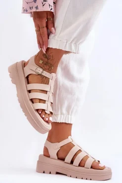 Skórzane Sandały Z Paseczkami Beżowe Colet