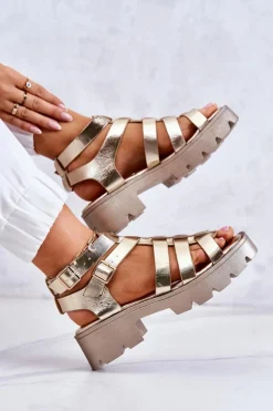 Skórzane Sandały Z Paseczkami Złote Minorite