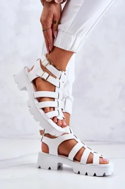 Skórzane Sandały Z Paseczkami Białe Minorite