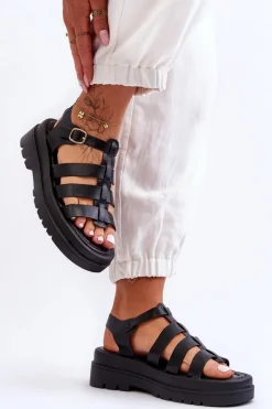Skórzane Sandały Z Paseczkami Czarne Colet