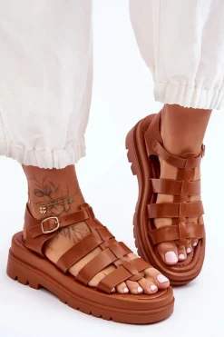 Skórzane Sandały Z Paseczkami Brązowe Colet