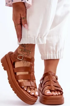 Skórzane Sandały Z Paseczkami Brązowe Colet