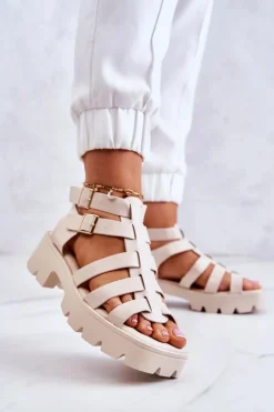 Skórzane Sandały Z Paseczkami Beżowe Minorite