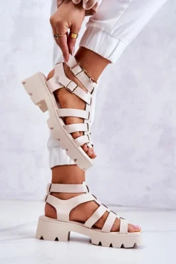 Skórzane Sandały Z Paseczkami Beżowe Minorite