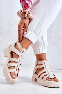 Skórzane Sandały Z Paseczkami Beżowe Minorite