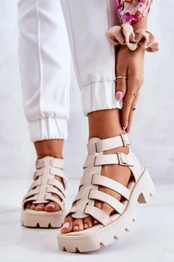 Skórzane Sandały Z Paseczkami Beżowe Minorite