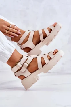 Skórzane Sandały Z Paseczkami Beżowe Minorite