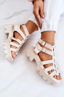 Skórzane Sandały Z Paseczkami Beżowe Minorite