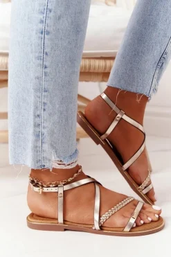 Skórzane Sandały Z Warkoczem S.Barski 152-1 Złote