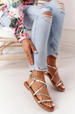 Skórzane Sandały Z Warkoczem S.Barski 152-1 Złote