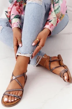 Skórzane Sandały Z Warkoczem S.Barski 152-1 Miedziane