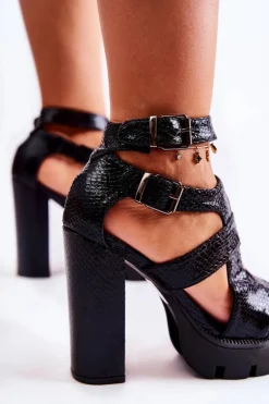 Skórzane Sandały Z Wycięciami Wężowe Czarne Broadway