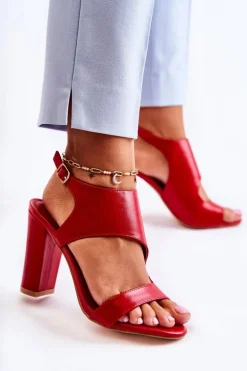 Skórzane Sandały Z Wycięciem Czerwone Maronni