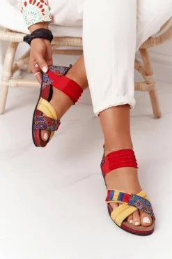 Skórzane Sandały Ze Ściągaczem Maciejka 03375 Czerwono-Żółte
