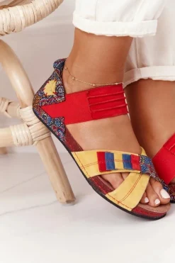 Skórzane Sandały Ze Ściągaczem Maciejka 03375 Czerwono-Żółte