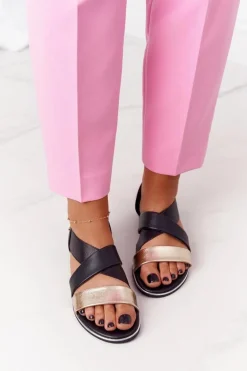 Skórzane Sandały Ze Ściągaczem Złoto-Czarne Apulia