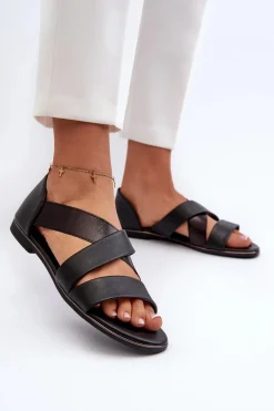 Skórzane Sandały Ze Ściągaczem Czarne Apulia