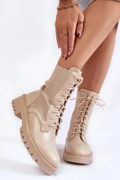 Skórzane Skarpetkowe Botki Sznurowane Jasnobeżowe Riston