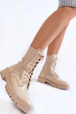 Skórzane Skarpetkowe Botki Sznurowane Jasnobeżowe Riston