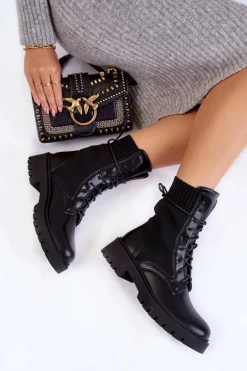 Skórzane Skarpetkowe Botki Sznurowane Czarne Riston