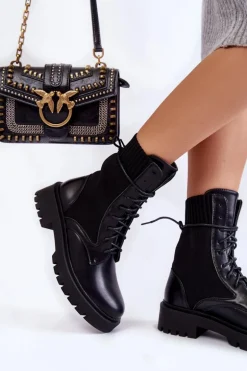 Skórzane Skarpetkowe Botki Sznurowane Czarne Riston