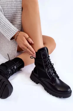 Skórzane Skarpetkowe Botki Sznurowane Czarne Riston