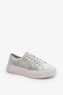 Skórzane Sneakersy Damskie Na Platformie Białe S.Barski LR505