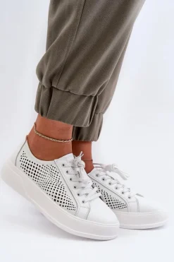 Skórzane Sneakersy Damskie Na Platformie Białe S.Barski LR505