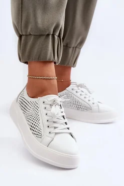 Skórzane Sneakersy Damskie Na Platformie Białe S.Barski LR505