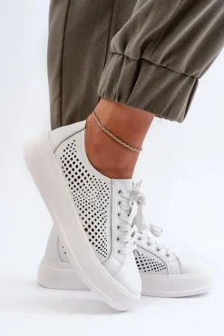 Skórzane Sneakersy Damskie Na Platformie Białe S.Barski LR505