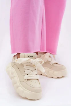 Skórzane Sneakersy Damskie Na Masywnej Platformie GOE RR2N4043 Beżowe