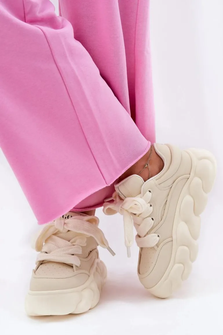 Skórzane Sneakersy Damskie Na Masywnej Platformie GOE RR2N4043 Beżowe