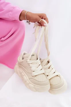 Skórzane Sneakersy Damskie Na Masywnej Platformie GOE RR2N4043 Beżowe