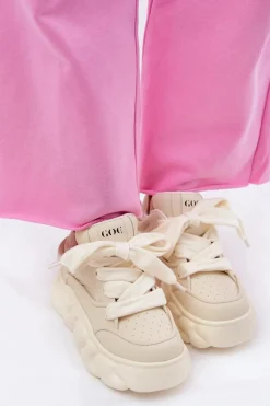 Skórzane Sneakersy Damskie Na Masywnej Platformie GOE RR2N4043 Beżowe