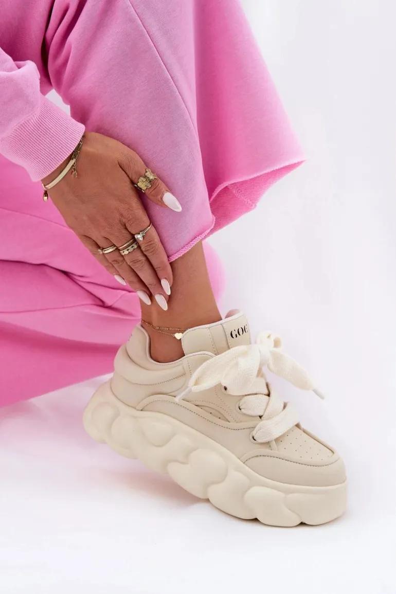 Skórzane Sneakersy Damskie Na Masywnej Platformie GOE RR2N4043 Beżowe