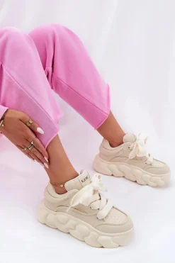 Skórzane Sneakersy Damskie Na Masywnej Platformie GOE RR2N4043 Beżowe