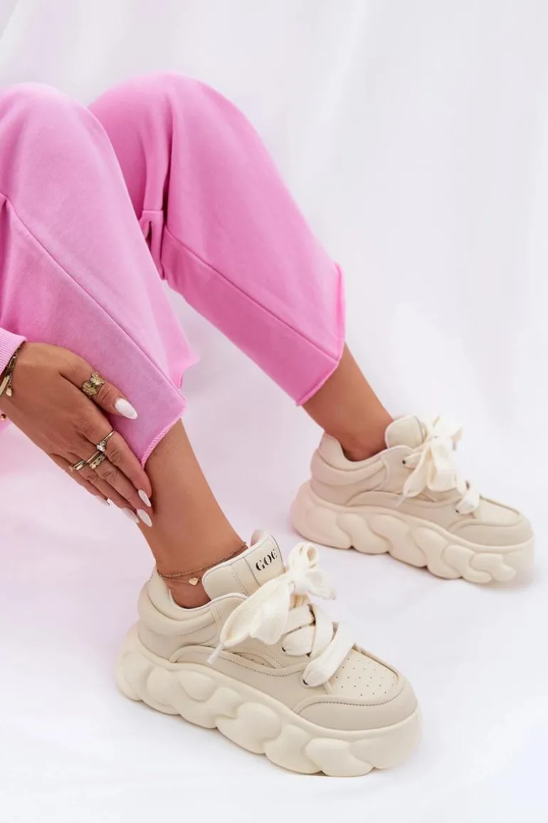Skórzane Sneakersy Damskie Na Masywnej Platformie GOE RR2N4043 Beżowe
