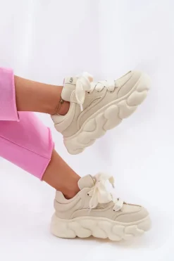 Skórzane Sneakersy Damskie Na Masywnej Platformie GOE RR2N4043 Beżowe