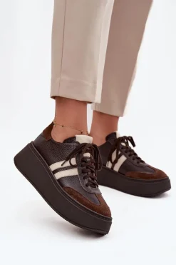 Skórzane Sneakersy Damskie Na Platformie Zazoo 3775 Czekoladowe