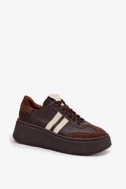 Skórzane Sneakersy Damskie Na Platformie Zazoo 3775 Czekoladowe
